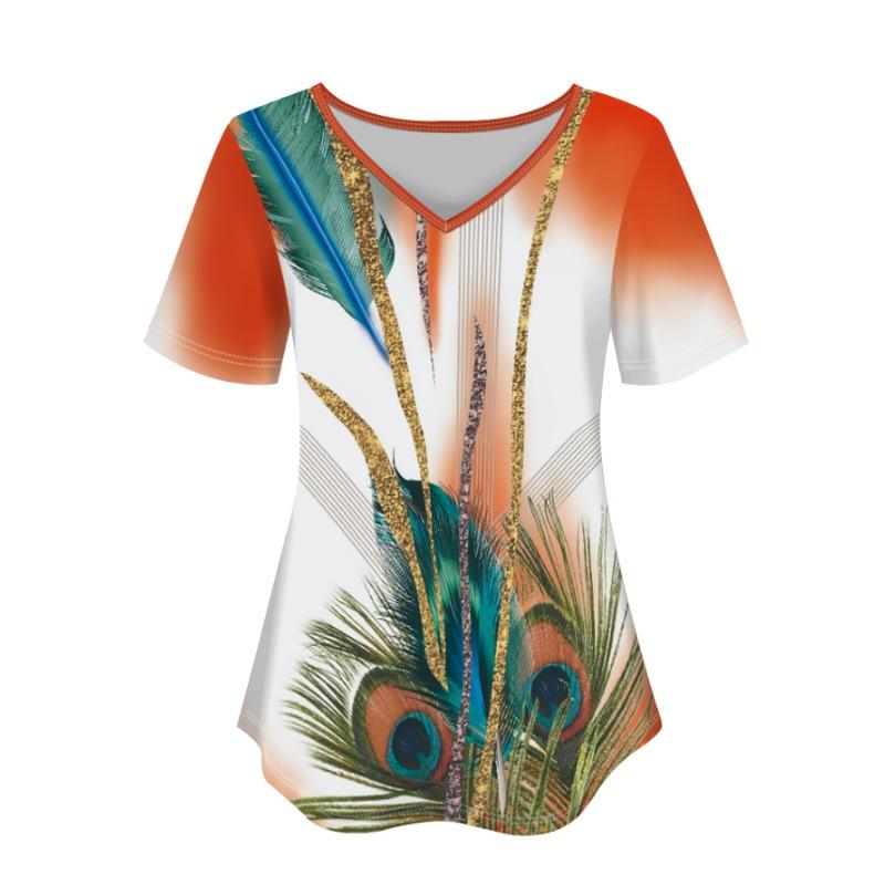 Plus Size, Women s Summer New Plus Size Fashion Print Casual V-Neck Short Sleeve T-Short S