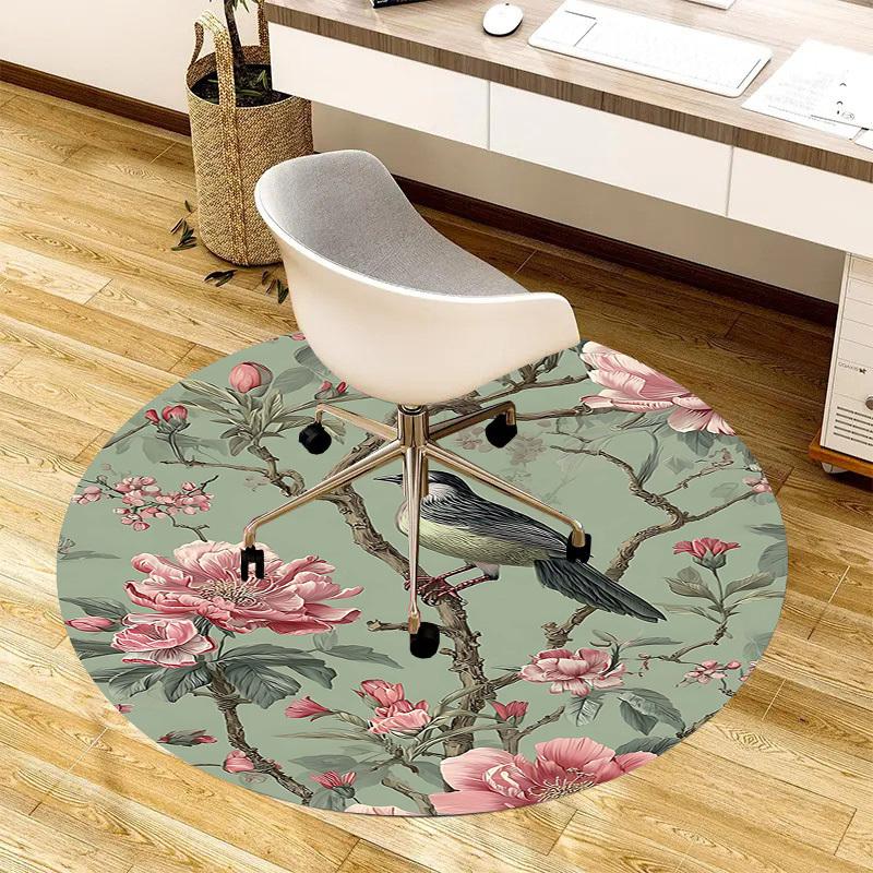 1PC Bird Flower Non-Slip Floor Round Carpet, Office, Family, Bedroom, Large Area Rug Indoor Rugs, Durable Polyester-Z0429