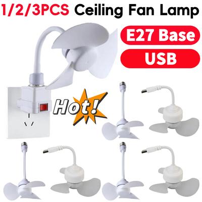 1-3 Stück LED Mini Deckenventilator E27 Sockel/USB Kronleuchter Deckenventilator Schlauchverlängerer Glühbirne Ventilator mit Fassung für Schlafzimmer Wohnzimmer