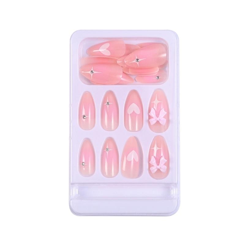 24 Stück Französischer Stil Aufdrücknagel Glänzender Acryl-Falschnagel mit 3D-Schleifendesigns Aufklebenagel für Frauen und Mädchen