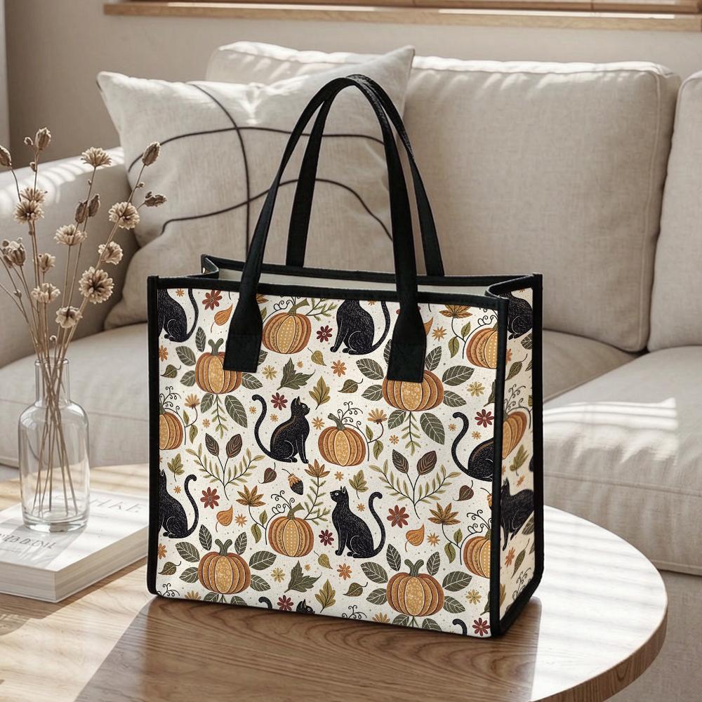 Halloween Black Cat Pumpkin Print Canvas Tote Bag Fashion Casual Large Capacity Shopping Handbag for Daily Use