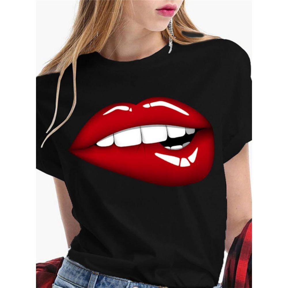 Fashion Sexy Red Lip Women T Shirt Funny Kiss Lips Print Ladies T-shirt Casual Basis O-collar Short Sleeves Female Tops Tees