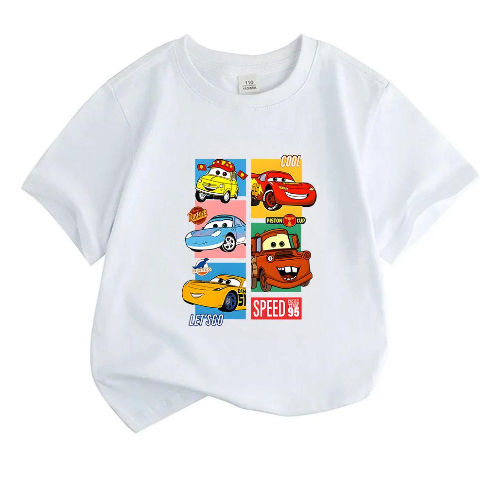 Kids Boys Girls 100% Cotton Crew Neck Short Sleeve T-shirt, Cute Cartoon Racing Car Print Casual Summer Tee Tops, Comfortable Lightweight Breathable D