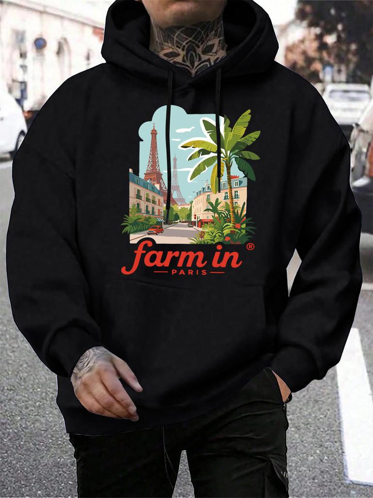Farm In Pairs Street Scenery Print Men Hoodies Pocket Fleece Sportswear Loose Hip Hop Hoodie All-Match Autumn Man Pullovers