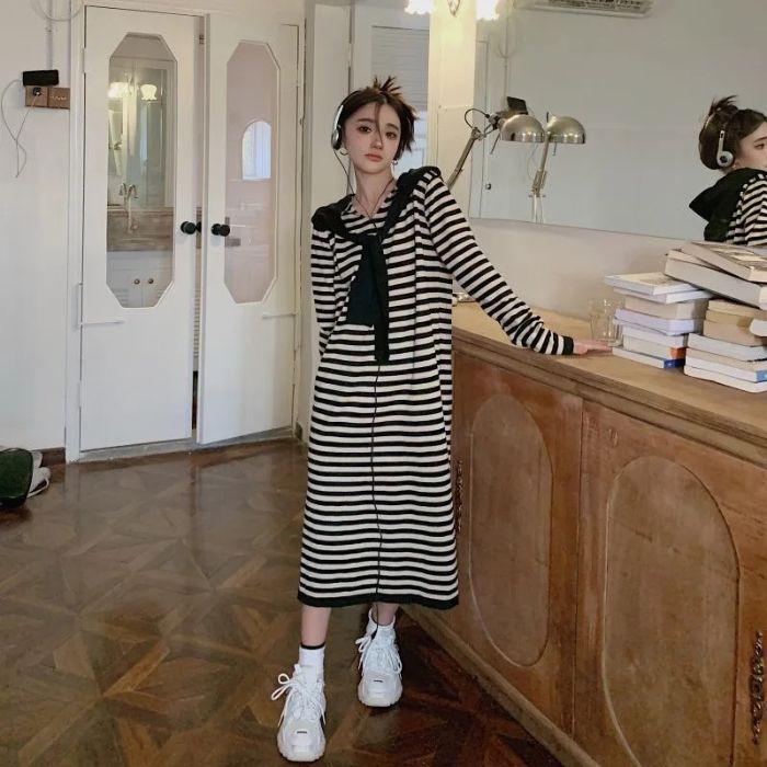 Early Autumn 2026 New Striped Loose and Thin Hooded Knitted Medium and Long Skirt Lazy Style Casual Dress Women