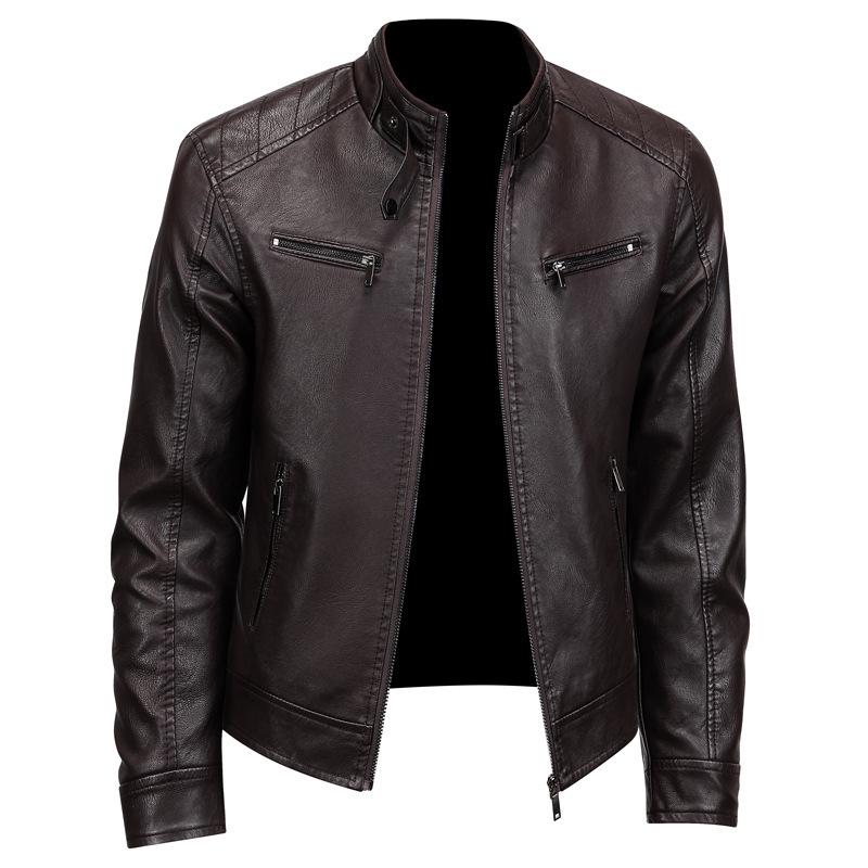 Men's Trendy American Stand-Collar Faux Leather Motorcycle Jacket with British and Korean Style