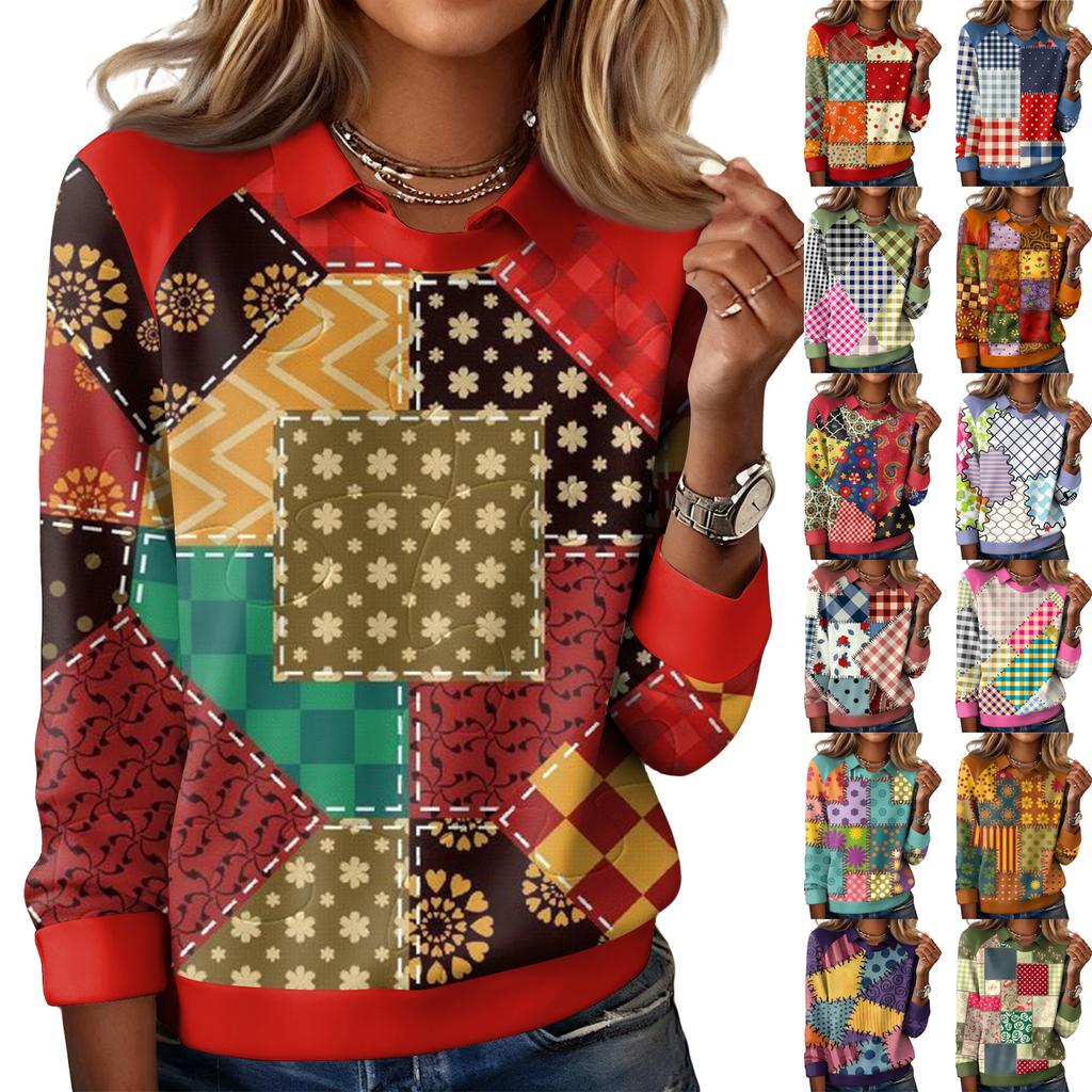 Ladies' Plaid Printed Casual Long Sleeved Sweatshirt Top