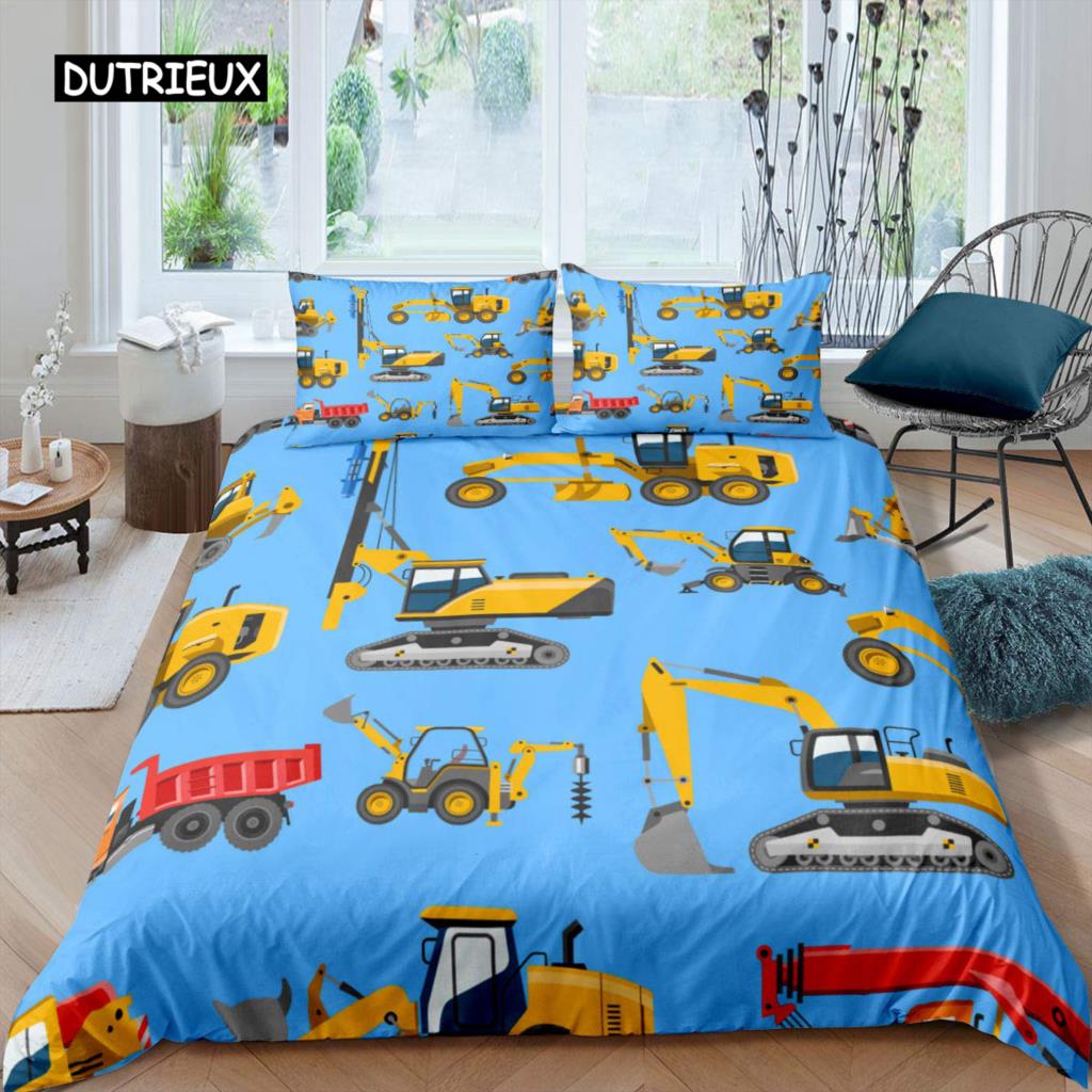 Excavator Duvet Cover Set Microfiber Tractor Truck Comforter Cover Twin Construction Vehicle Cartoon Bedding Set for Boys Teens