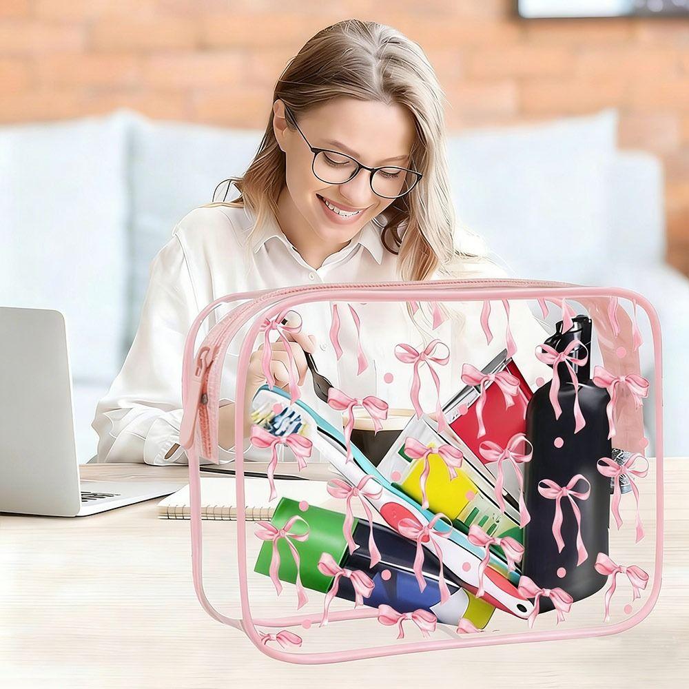 Bow Transparent Toiletry Bag Waterproof Cosmetics Bag Cute PVC Makeup Bag Travel