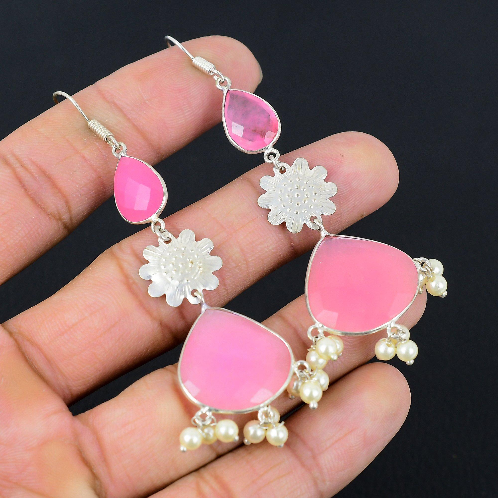 

Friendship Day Deal Pink Chalcedony Stone Dangling Ethnic Earrings 925 Silver
