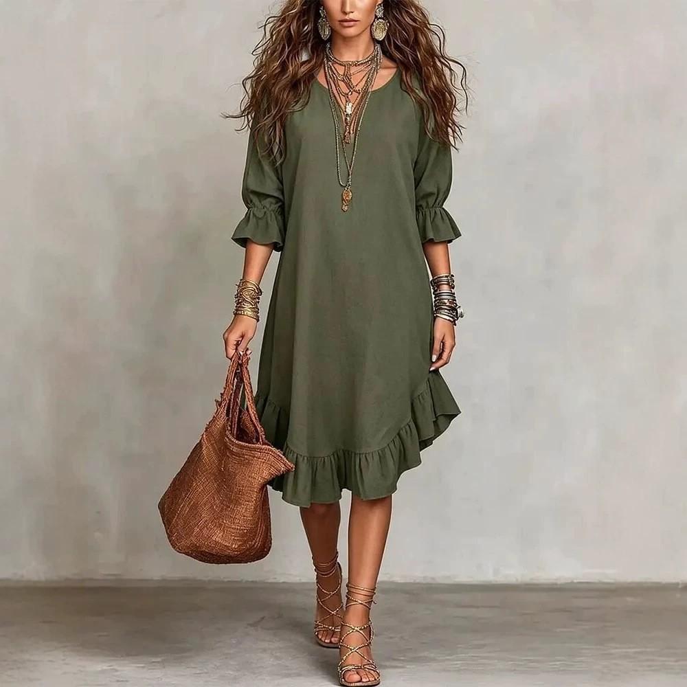 Vestido Casual Ligero de Verano para Mujer Holgado Cuello en V Manga Media Dobladillo con Volantes Longitud hasta la Rodilla Comodidad Vestido para el Día a Día