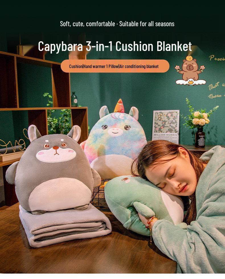 Cartoon 2-in-1 Cushion & Blanket: Dual-Use Hand Warmer, Leg Cover, Nap Pillow Doll for Office