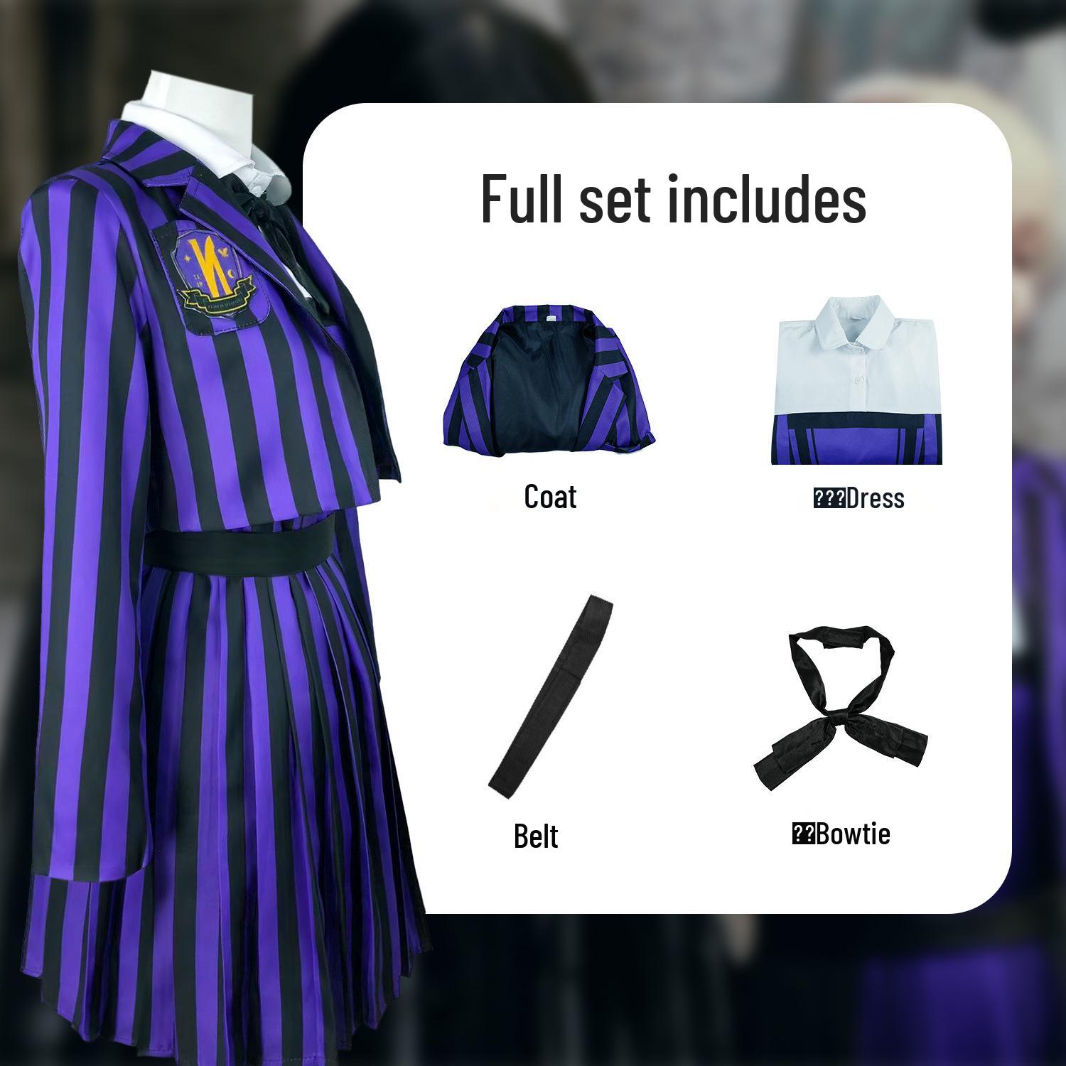 

Костюм для косплея Уэнсдей Аддамс: Маленькая девочка-волк Фиолетовая школьная форма для ролевой игры на Хэллоуин XS (150)