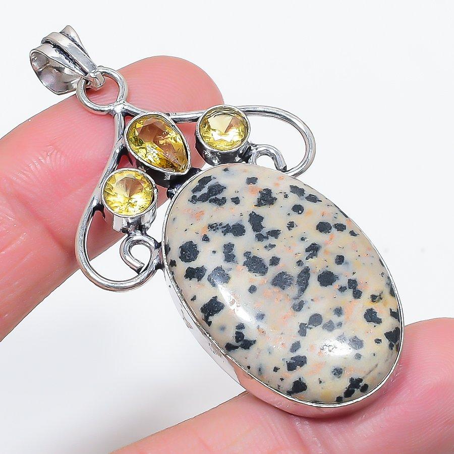 

Dalmation Jasper, Citrine Gemstone 925 Sterling Silver Pendant 2.44