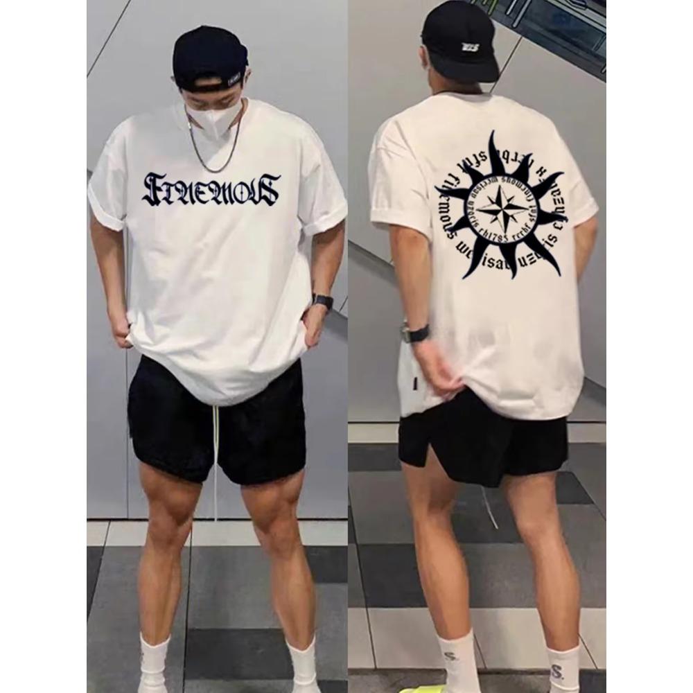 Letní móda Retro pánská anglická písmena těžké váhy 100% bavlna s kulatým výstřihem s potiskem Vysoce kvalitní neformální tričko Fitness Street