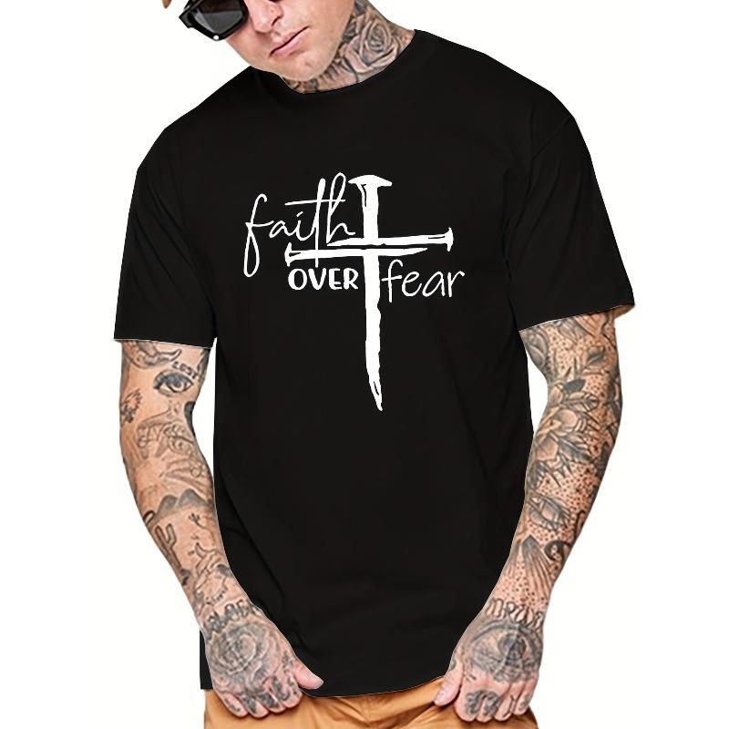 European sizes Tees For Men, 'Faith Over Fear' Cross Print T Shirt, Casual Short Sleeve Casual Tshirt For Summer Tops As Gifts for Men