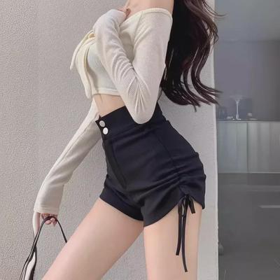 Women's Black High-Waist Side Drawstring Shorts - 2025 Summer Versatile Fashion with Elastic Fit