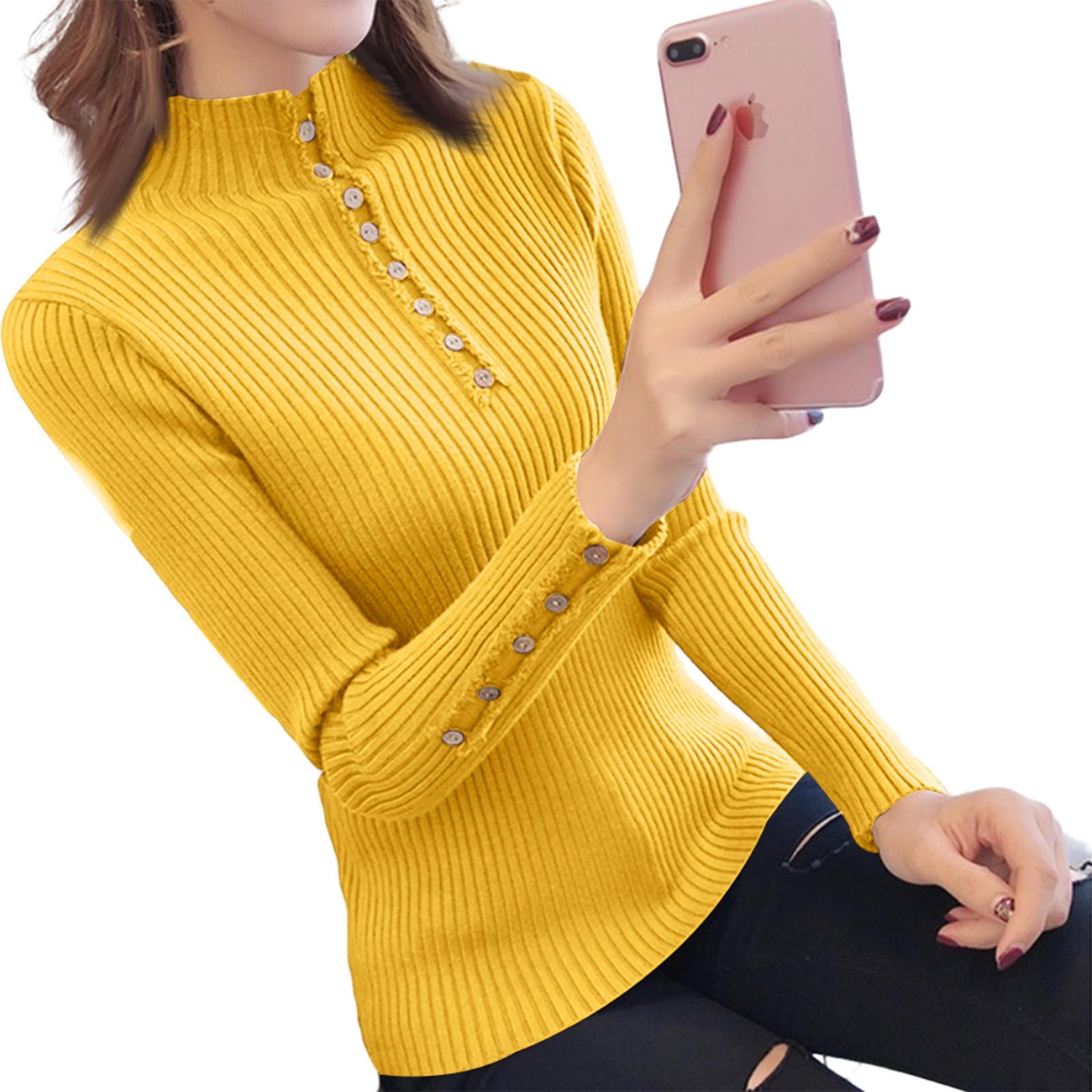 

Women s Half-high Collar Base Layer Shirt Slim Button Sweater One Size жёлтый