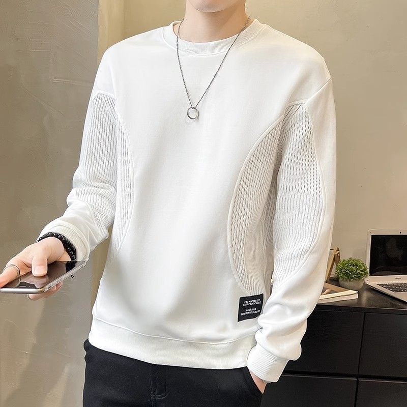 

Trendy Korean Spring Autumn Men s 2026 New Spliced Pullover O-Neck Screw Thread Solid Color Loose Casual Long Sleeve Sweatshirts M белый