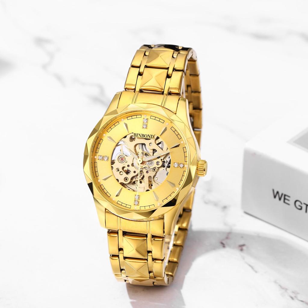 Men's Automatic Skeleton Watch, 3ATM Water Resistant: Luminous, Analog, Stainless Steel, Gold, Simple, Stylish, Casual, Business, Men's Fashion