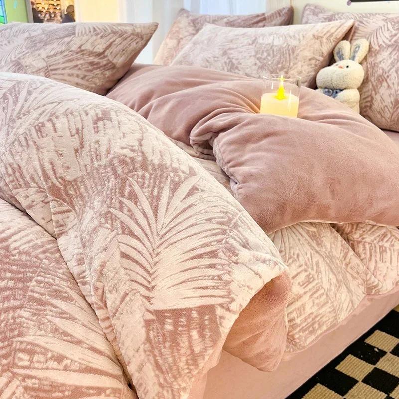 Winter Dickes Bedrucktes Milchsamt Vier-Teile-Set Bequem und Warm Kurzplüsch-Bettbezug 3-teiliges Set Kinderbettlaken