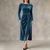 Women's Fashion Velvet Dress - Long Sleeve, Tie Waist, Side Slit, Slim Fit