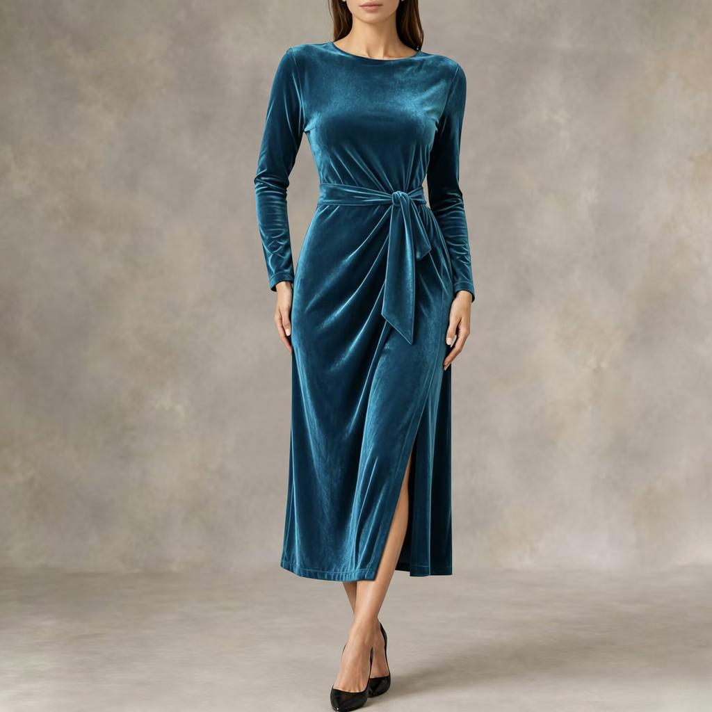 Women's Fashion Velvet Dress - Long Sleeve, Tie Waist, Side Slit, Slim Fit