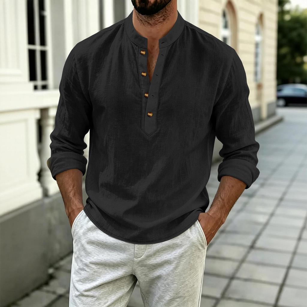 Men's Casual Cotton-Linen Long Sleeve Color Shirt with Stand Collar Loose Fit