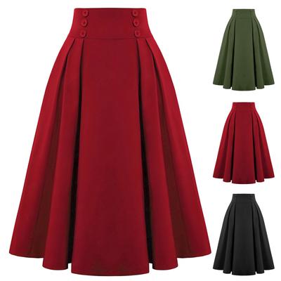 Women Casual Midi Skirt Vintage Button Elastic High Waisted Pleated A-Line Skirts