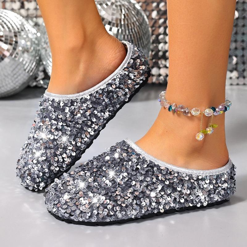 Fashion Women's Sequined Baotou Semi-slippers Wear New Autumn Temperament with Skirt Non-slip Flat Lazy Sandals and Slippers