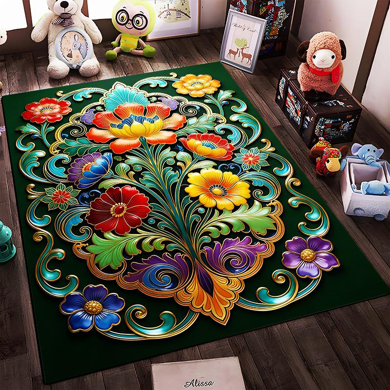 Floral Pattern Carpet with Colorful Floral Swirls on Green Background Suitable for use as an anti-slip for living room bedroom sofas