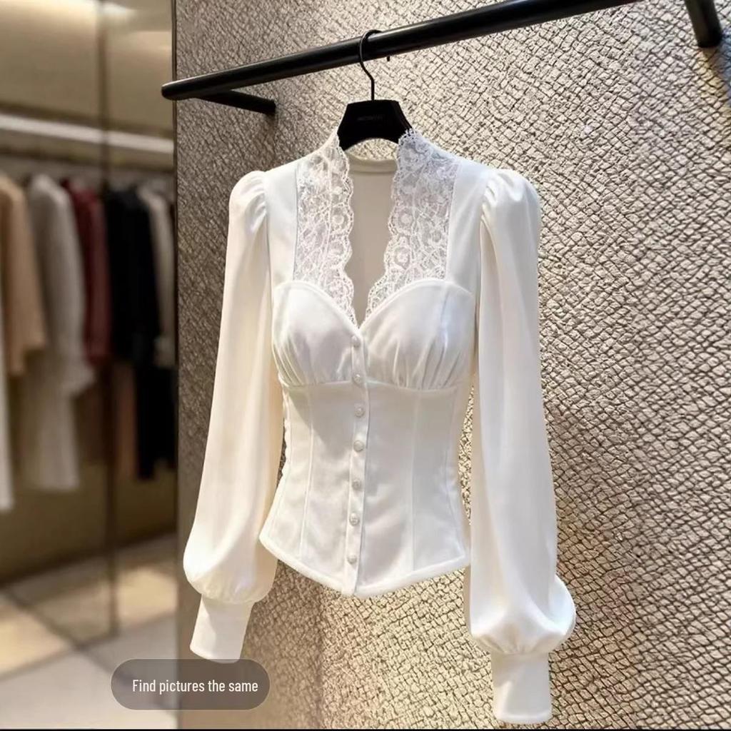 Elegant Lace-Trimmed White Velvet Top for Sophisticated Women - Cinched Waist, Winter Fashion.