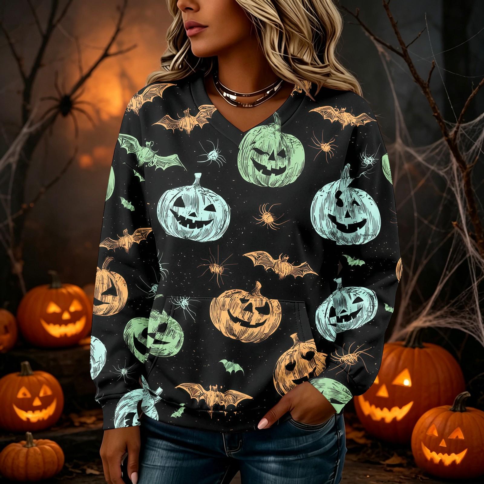 Women s Halloween Print V-Neck Long Sleeve Lightweight Pullover Hoodie with Pockets S зелёный