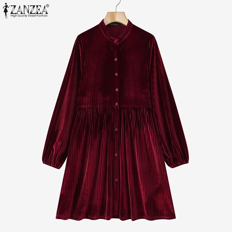 ZANZEA Damen Vintage Stehkragen Langarm Taille Samtkleider