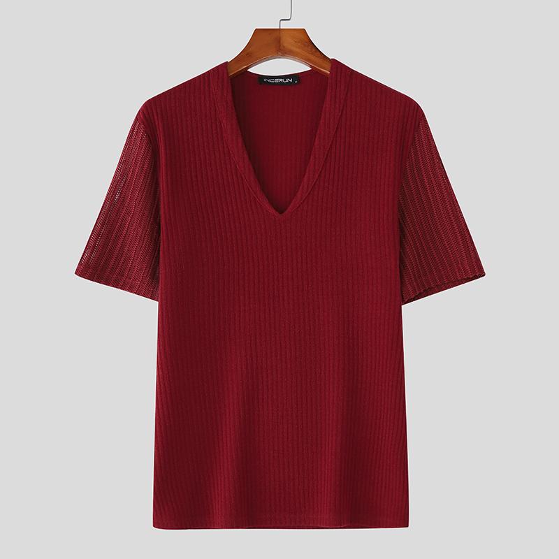 

INCERUN Summer Men Deep V Neck Patchwork Short Sleeves Fitted T-shirts Tops 5XL вина червоного кольору