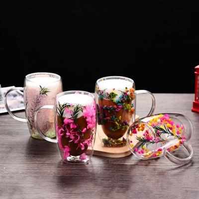 Doppelwandige Glastasse mit Blumenglitzer innen 450ml Großes Fassungsvermögen Hitze- & Kältebeständig Transparente Tasse Kreative Frühstücks-Kaffeetasse