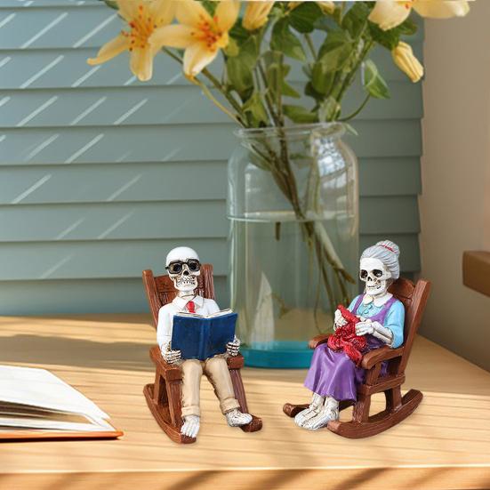 Yousheng 2 Pcs Halloween Rocking Chair Skeleton Elderly Statues Small Reading Knitting Skeleton Figurine Resin Craft for Courtyard Lawn Porch Decor