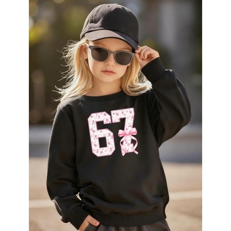 Kids Unisex Cream Crewneck Sweatshirt, Pink Floral 67 Number with Bow Print Long Sleeve Pullover, Casual Sweatshirt for Boys Girls Over 4 Years Old