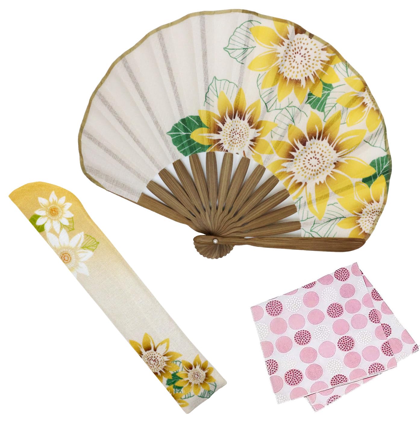 

Stylish Business Fan Set with Fan Case and Handkerchief Sunflower Design [Osaka Choseido] Women s - (Beige) бежевий