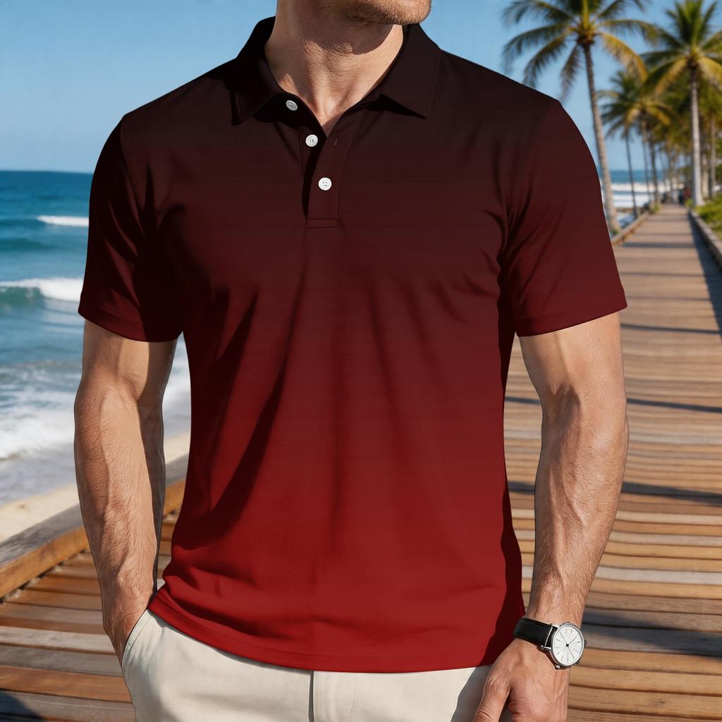 Men Loose Fit Casual Gradient Print Short Sleeve T Shirt with Turn Down Collar Comfortable Soft Fabric Stylish Design