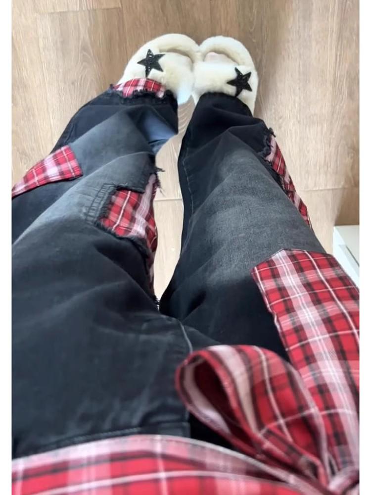 Women's High Waist Red Plaid Patchwork Wide Leg Jeans - Retro Loose Slimming Mop Pants for Spring/Summer