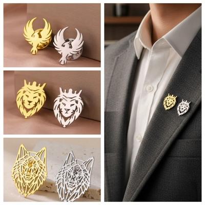 Stainless Steel Suit Collar Badges Wolf Phoenix Brooches Animal Brooch  Women Men