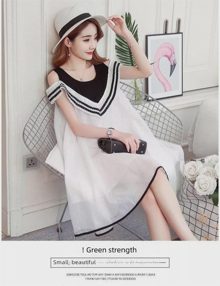 New Arrival: Large Size Off-Shoulder Chiffon Dress for Pregnant Women - Korean Style, Mid-Length, Short-Sleeved, Perfect for Spring & Summer