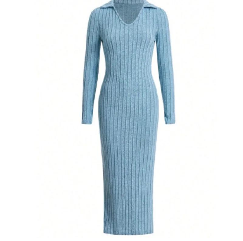 Damska seksowna dzianinowa sukienka z dekoltem w serek, rozcięciem na plecach, jesień zima, długi rękaw, elastyczny, podstawowy sweter