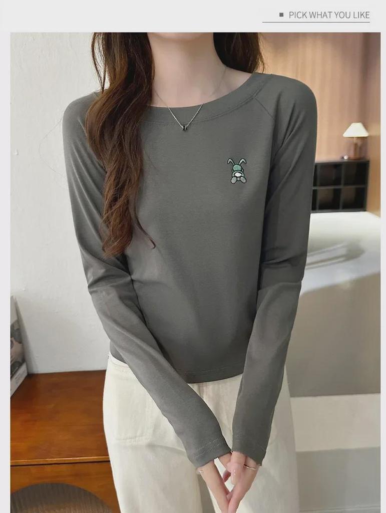 Damen 2024 Herbst Slim Fit Baumwolle Langarm Rundhals Besticktes Oberteil