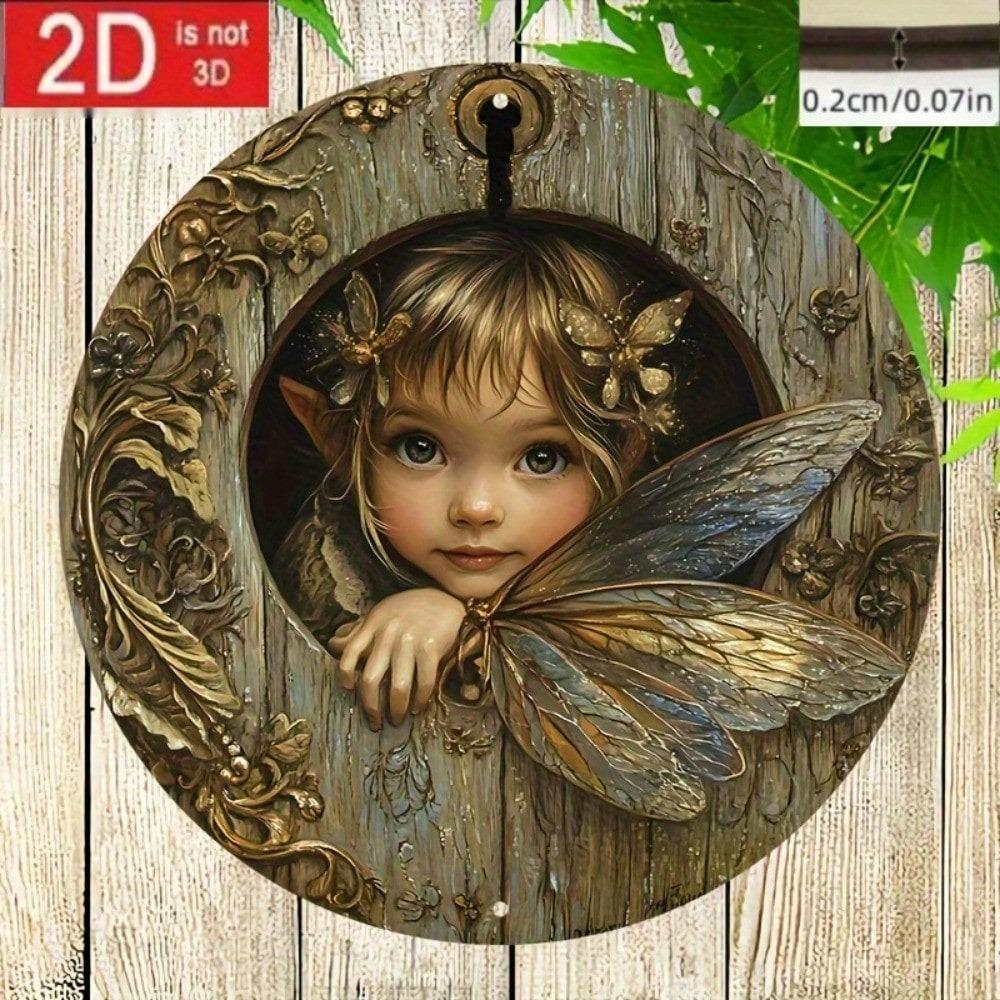 Enchanted Forest Fairy Door Round Wood Wall Art, 2D Printed Hanging Decor, Bohemian Butterfly Floral Accent