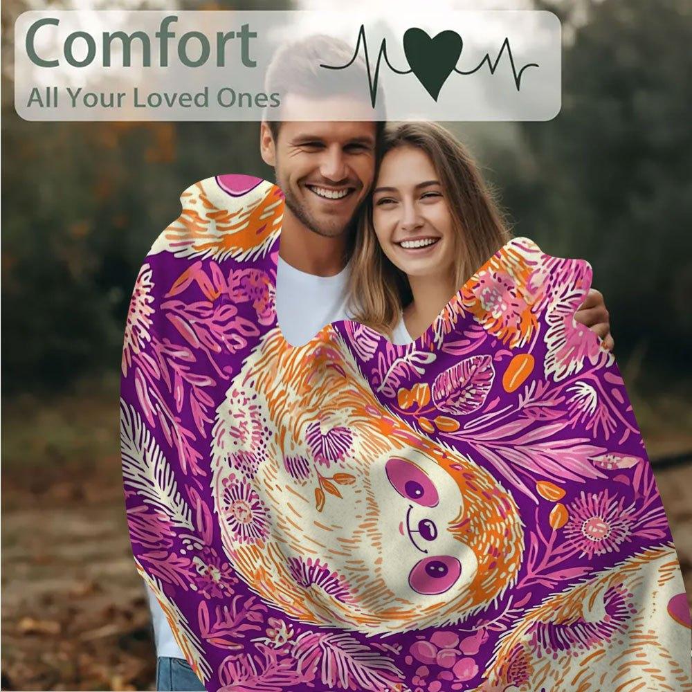 1pc 60x80 Inch Retro Sloth & Floral Print Blanket - Soft 100+ Thread Count All-Season Throw for Bedroom, Living Room, Office