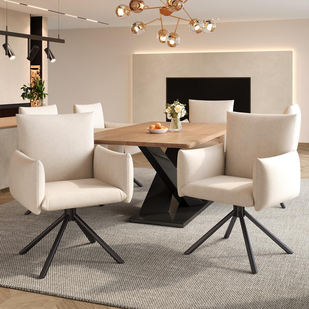 Set of Two Dining Chairs, Upholstered Armchair with 4 Metal Legs, 360 Degrees Casual Swivel Chair, Work and Desk Chair, Lumbar Support, Velvet, Beige