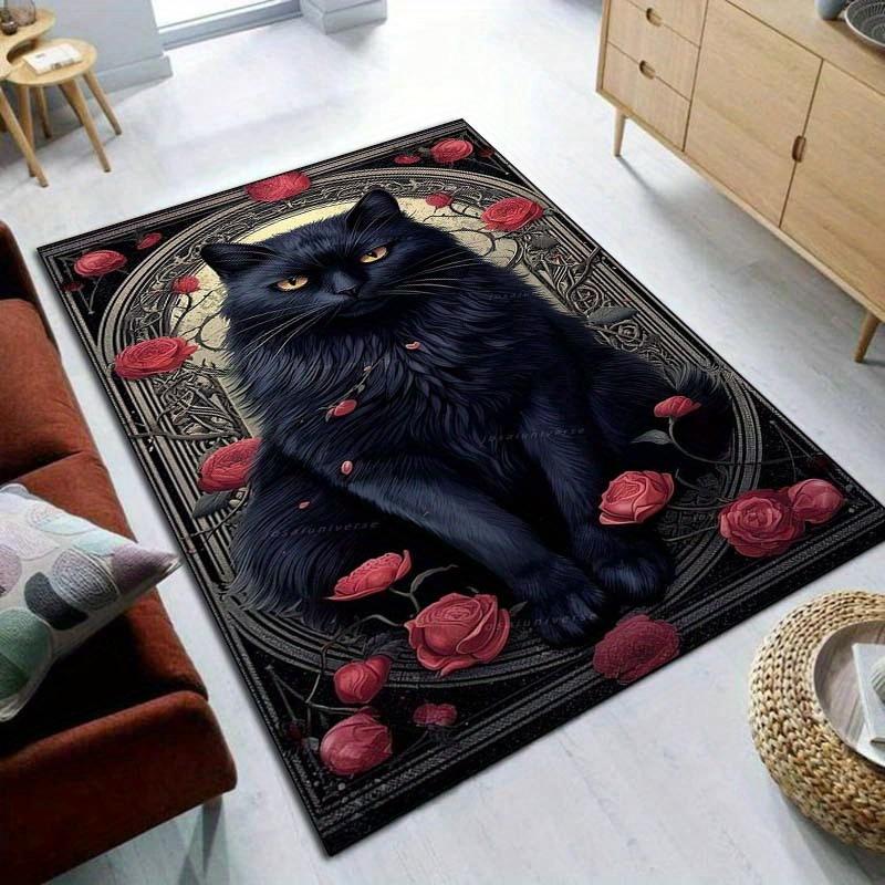 Black Cat with Roses Rug for Elegant Spaces - Luxury Animal Print, Romantic Home Accents Anti slip carpet can be machine washed