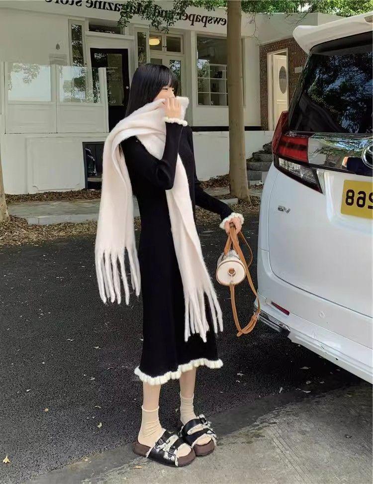 High-End Long Sleeve Knit Sweater Dress - Women's Mid-Length Casual Outerwear